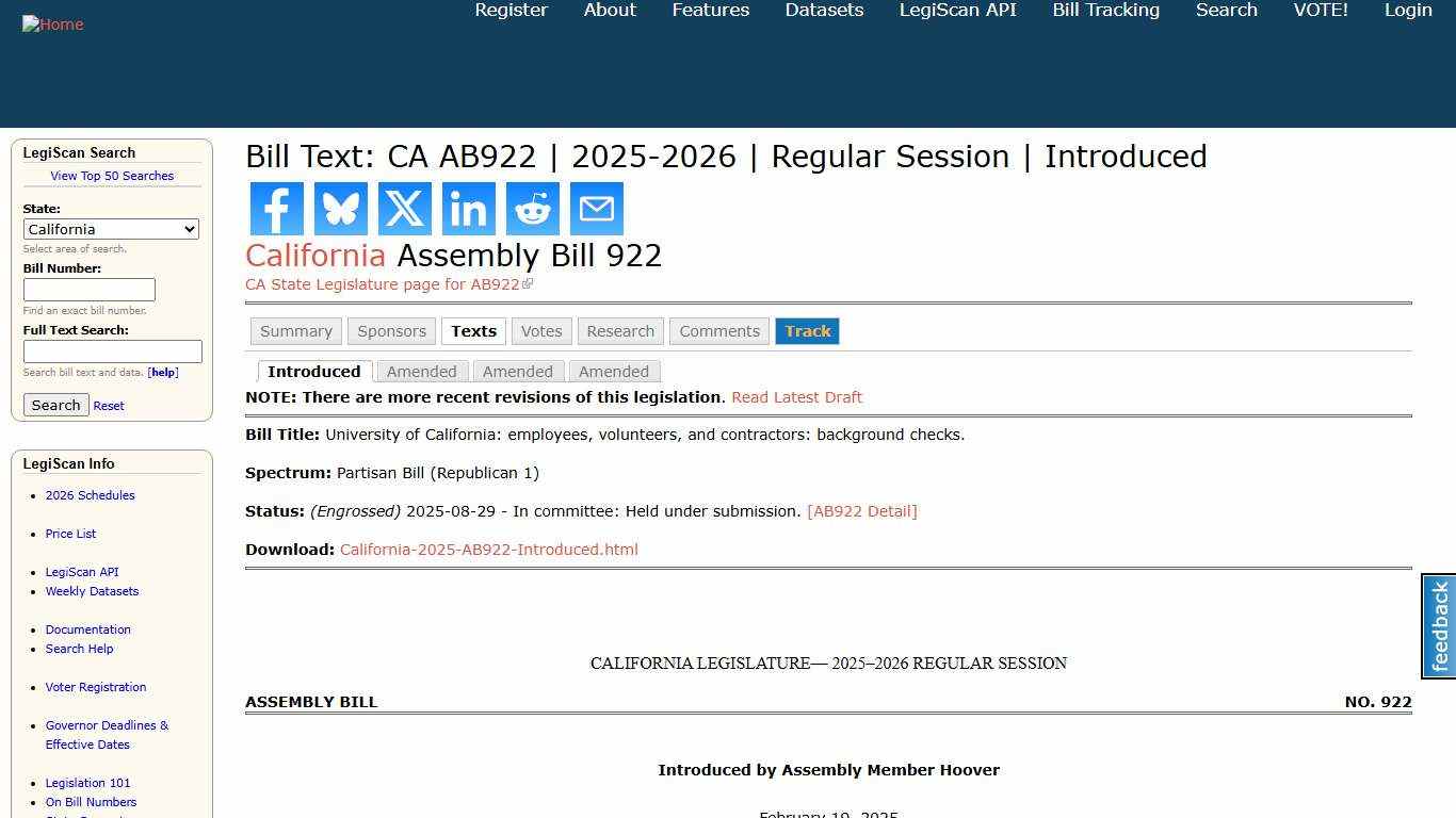 Bill Text: CA AB922 | 2025-2026 | Regular Session | Introduced | LegiScan