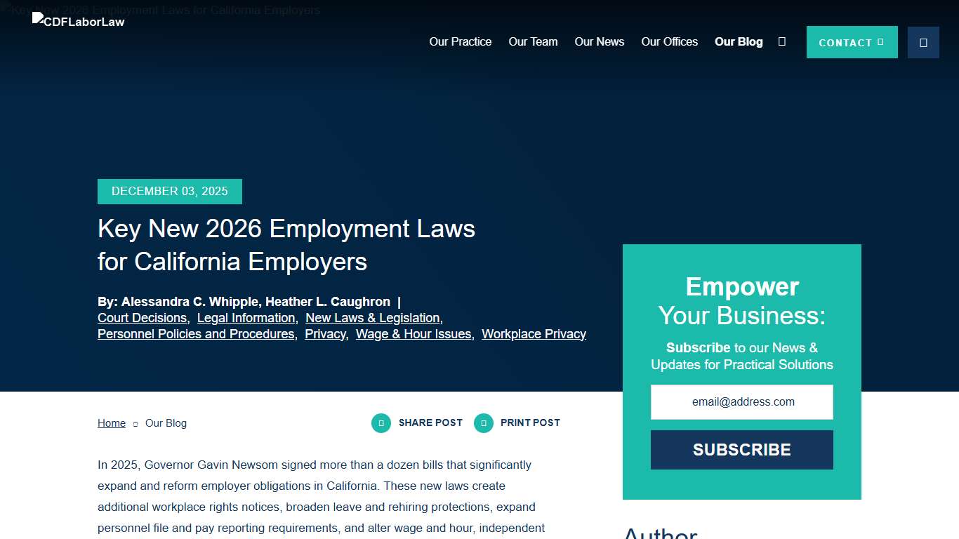 Key New 2026 Employment Laws for California Employers | CDF Labor Law LLP
